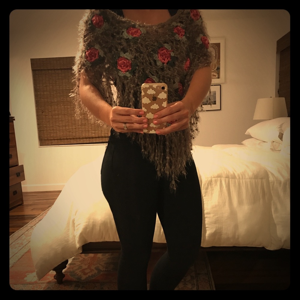 Handmade Vintage Crochet Poncho with Rose Detail